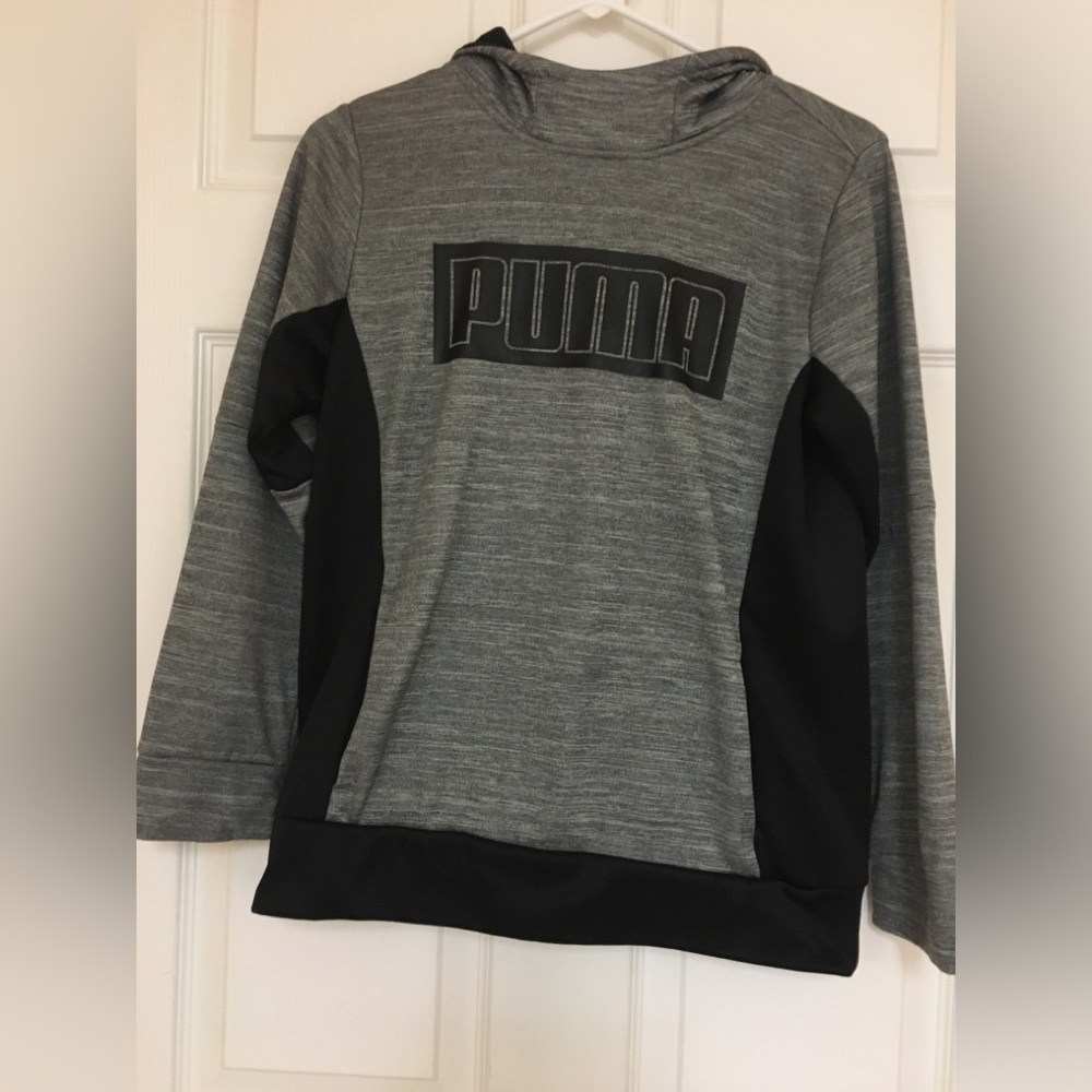 PUMA Gray & Black Hooded Pullover Unisex L 14/16 Big Logo Spellout school travel
